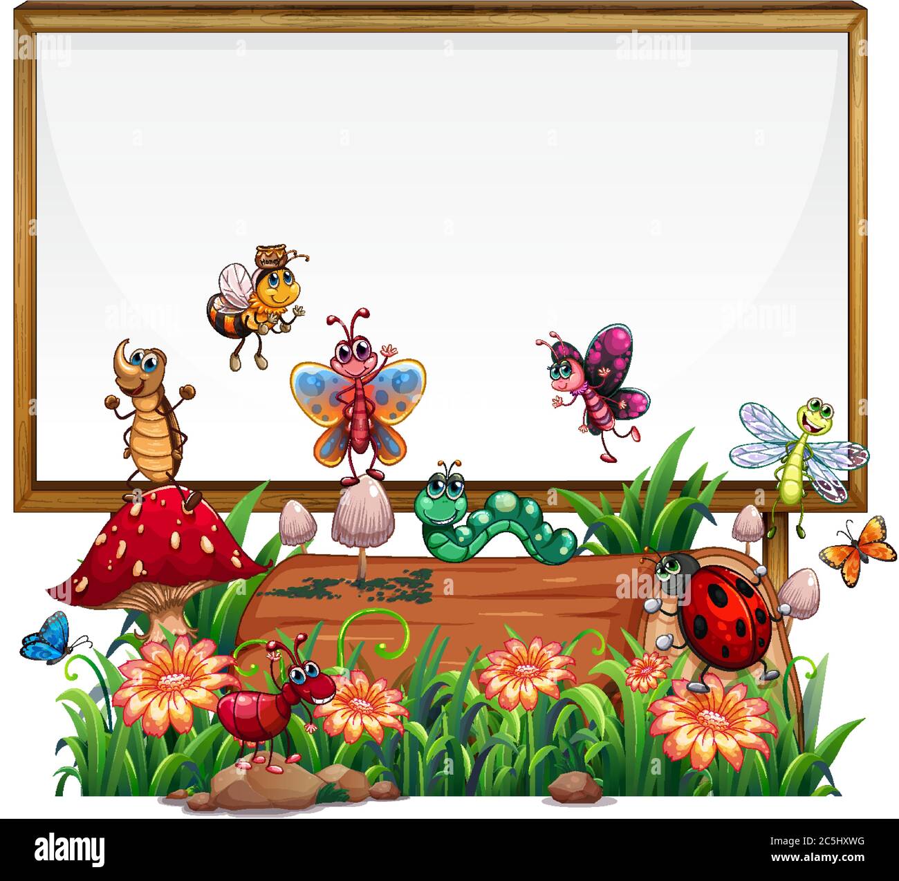 Blank board sign in garden with animal garden set isolated illustration ...