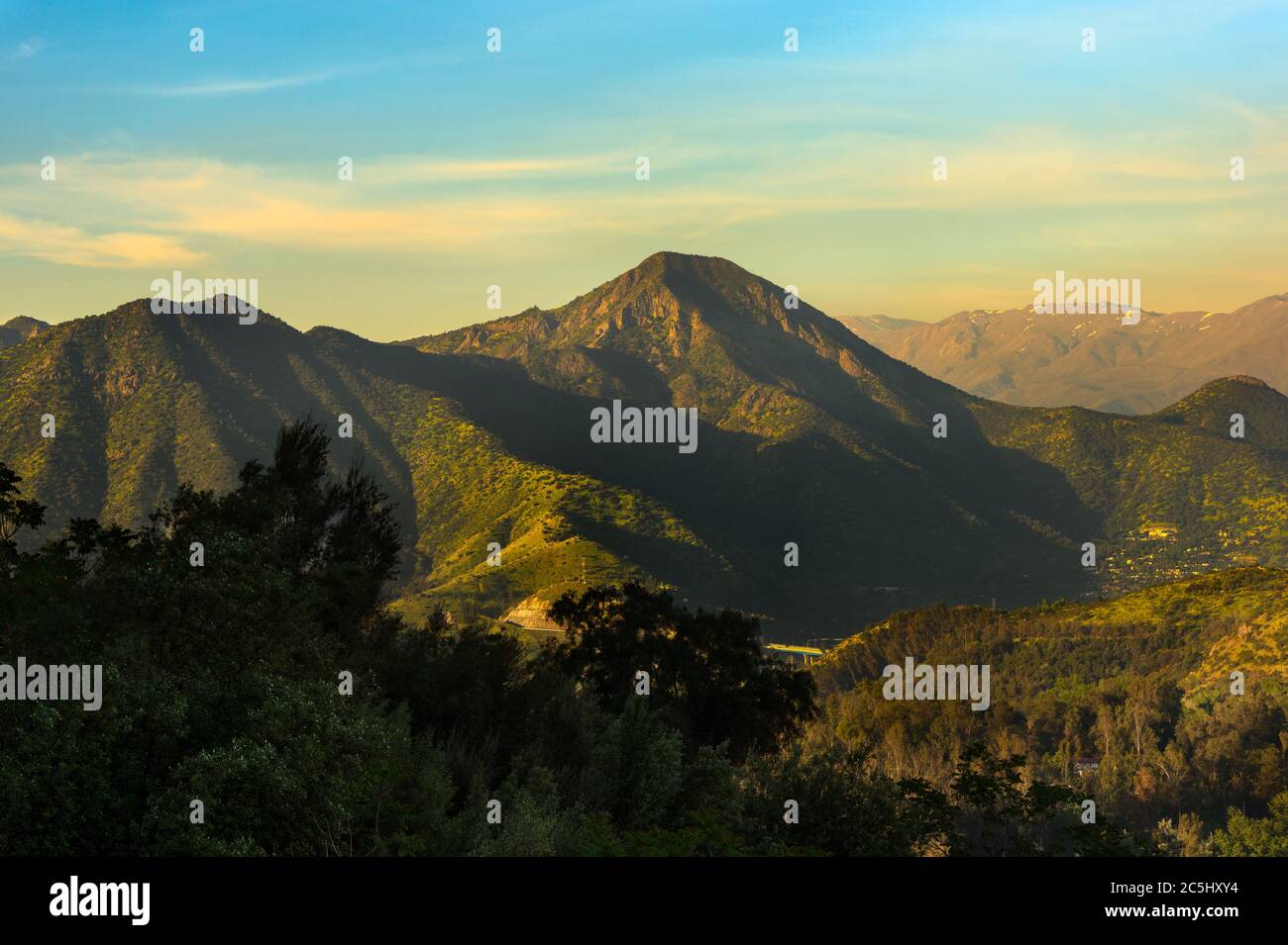 View of Cerro Manquehue in the residential wealthy district of Vitacura in Santiago de Chile Stock Photo