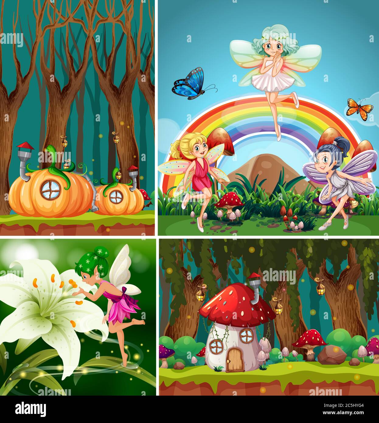 Four different scene of fantasy world with beautiful fairies in the