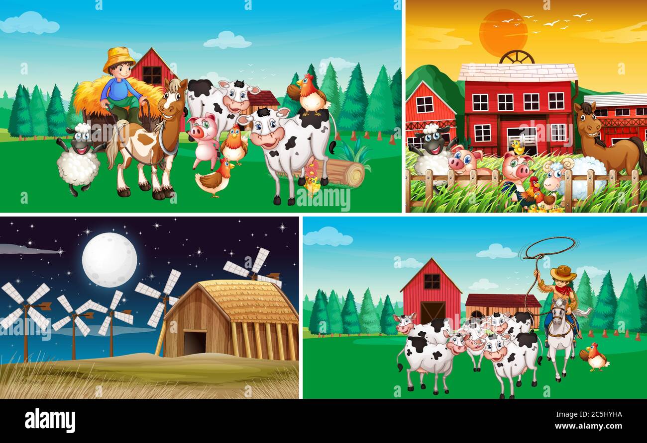 Set of different farm scenes with animal farm cartoon style ...