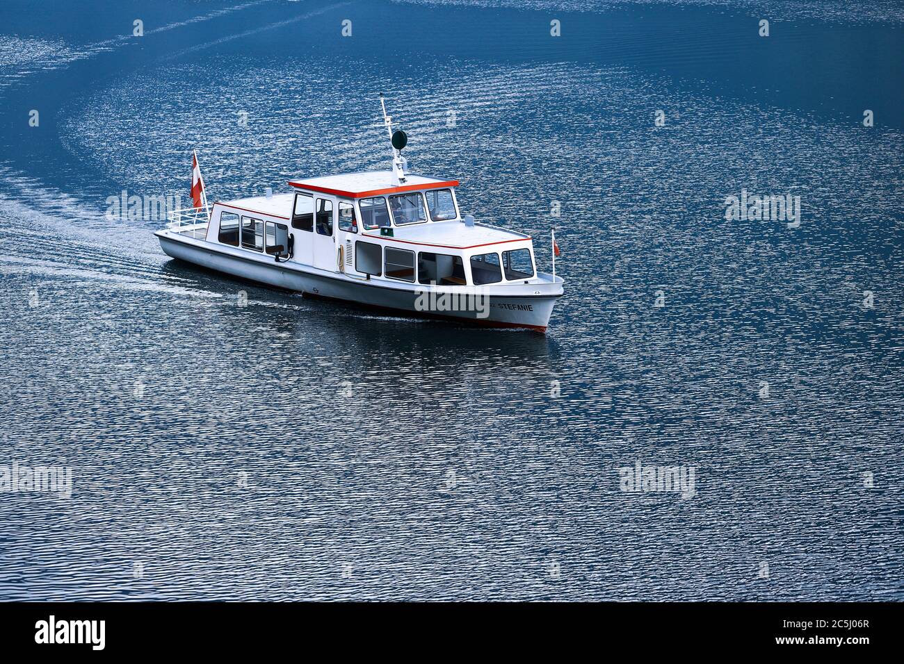 Public transport boat on hallstatt lake, Austria Stock Photo