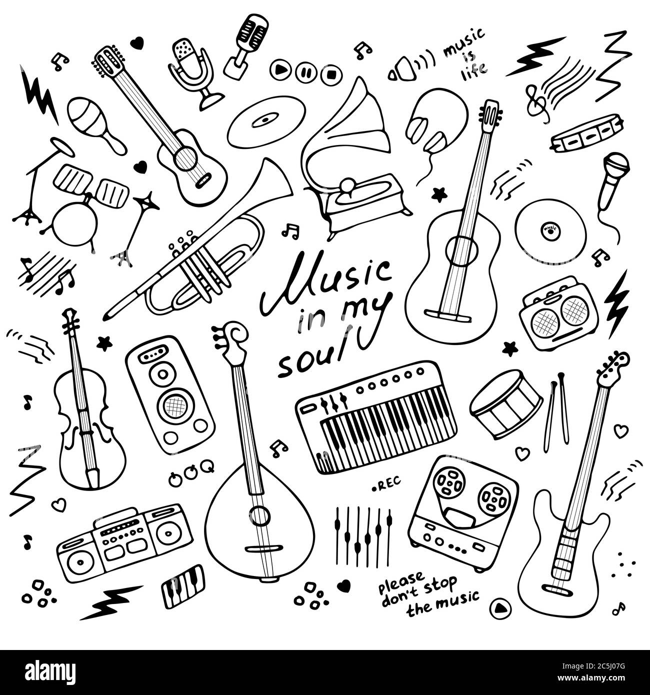 Music. Big set of icons for print and digital. Doodle elements of musical  instruments. Hand written inscription Music in my soul. Vector Stock Vector  Image & Art - Alamy
