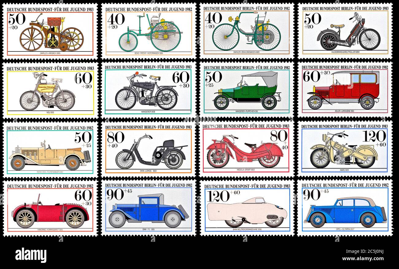 German postage stamps (1980s) showing the development of motor vehicles Stock Photo