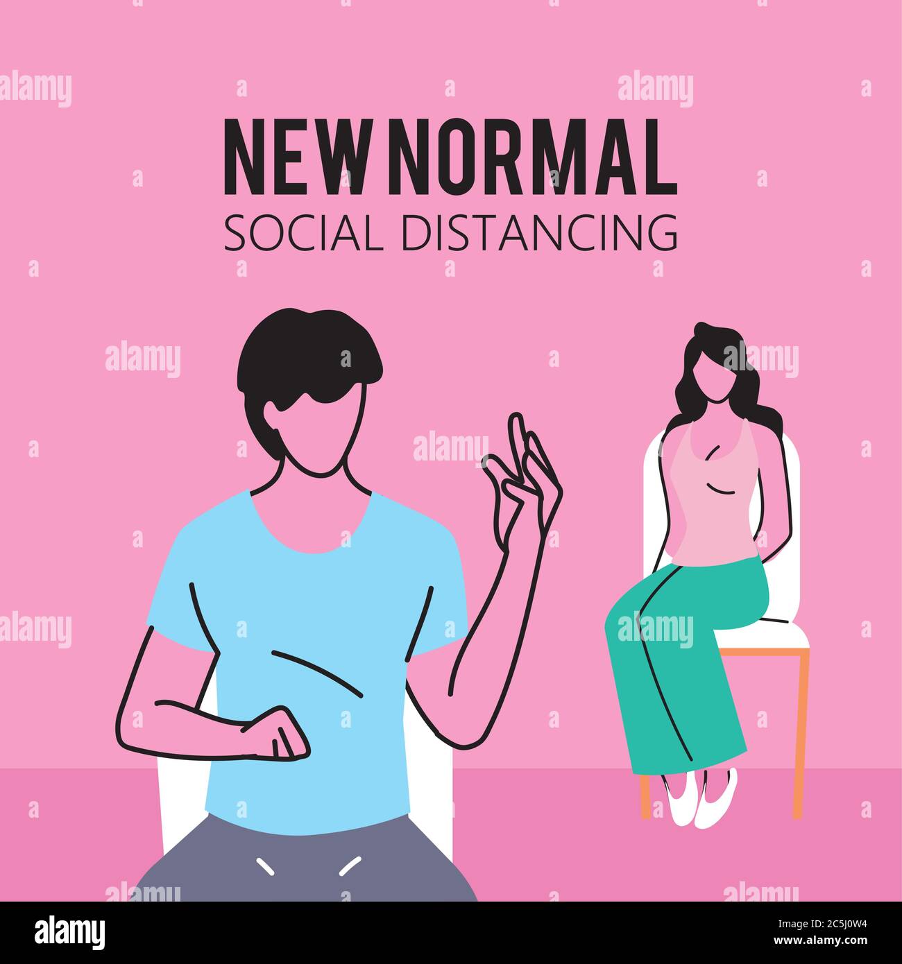Social distancing between woman and man on chairs design of New normal ...