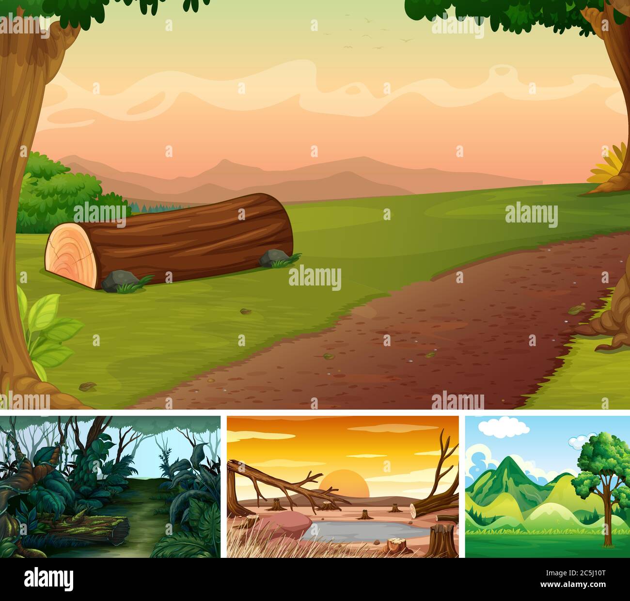 Four different nature scene of forest cartoon style illustration Stock ...
