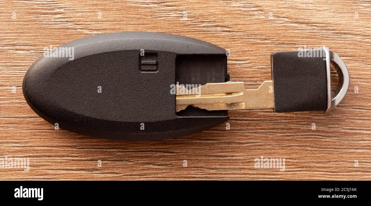 Close up car keys and electronic fob on a wooden background Stock Photo