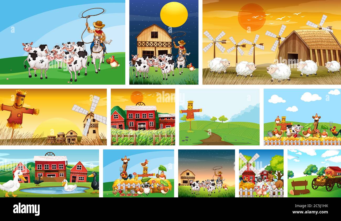 Set of different farm scenes with animal farm cartoon style ...