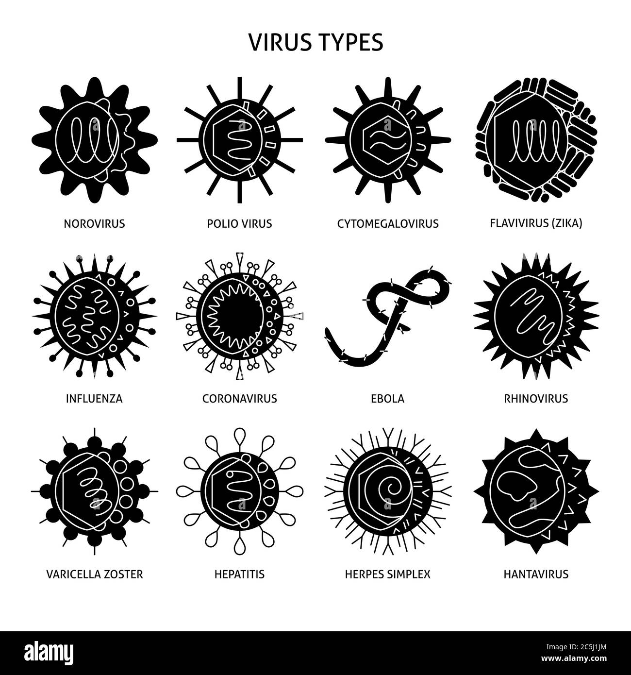 Human virus types silhouette icon set. Infection microorganism symbols collection. Vector illustration. Stock Vector
