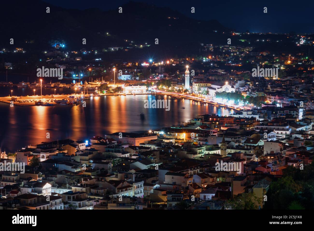 Aerial night view of Zakynthos Zante town. Beautiful cityscape panorama