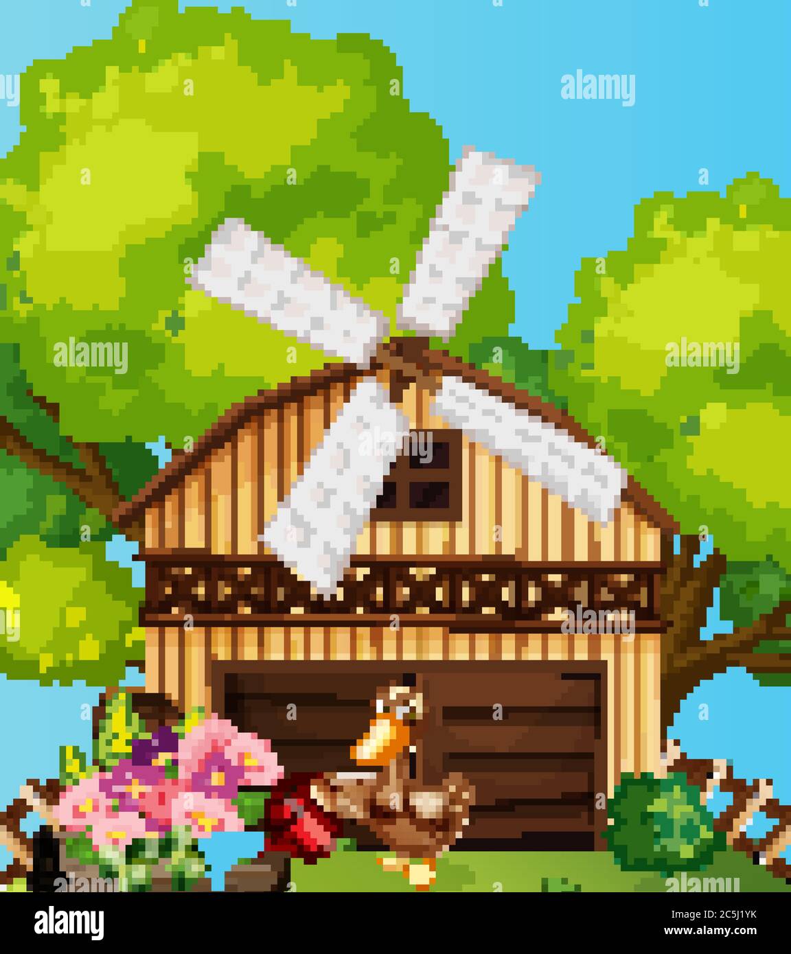 Farm scene in nature with barn and duck watering flowers illustration ...