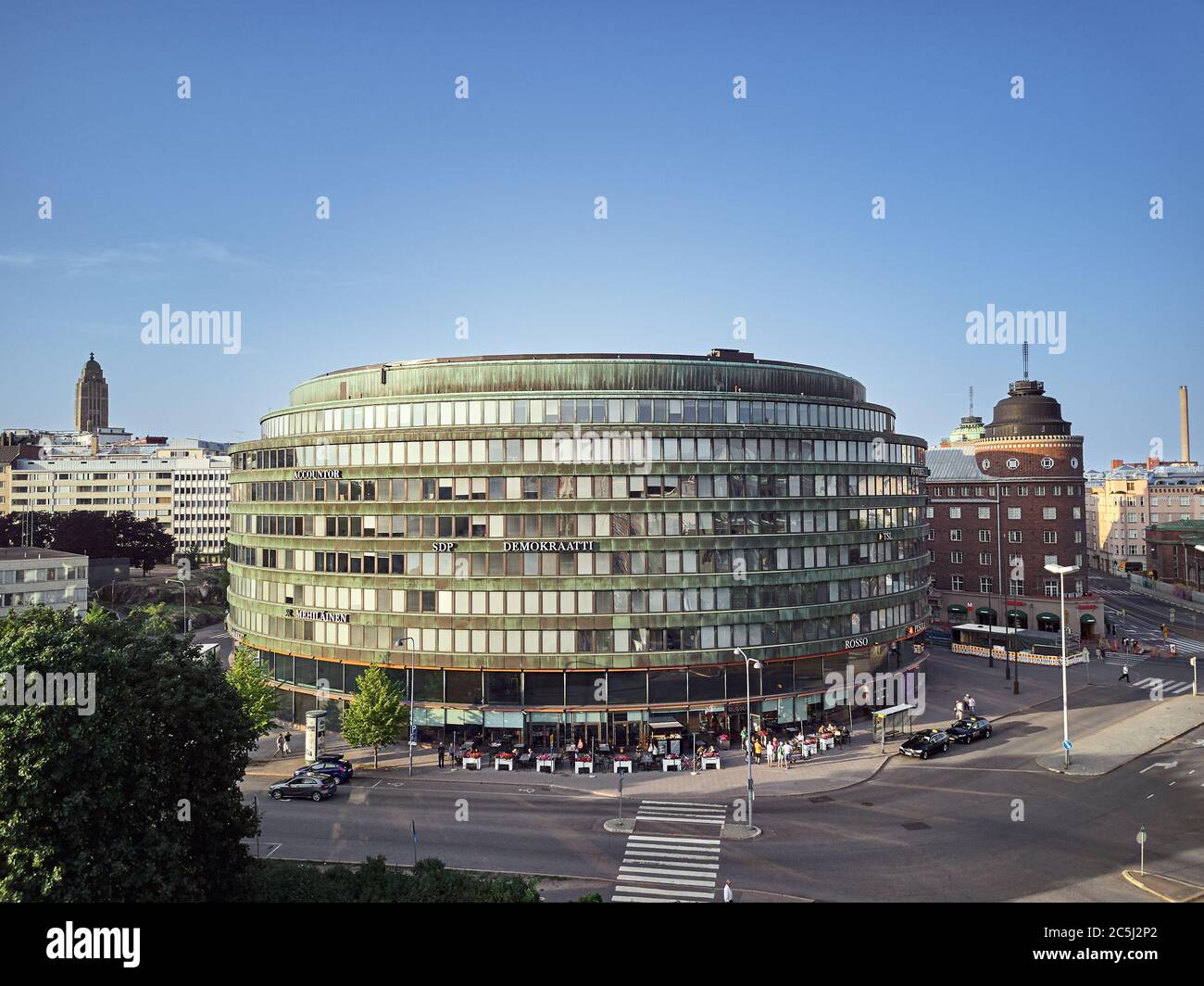 Helsinki / Finland - July 30, 2018: Aerial view of Circle house - Ympyrätalo, is a circle-shaped office building located in the Hakaniemi district. Th Stock Photo