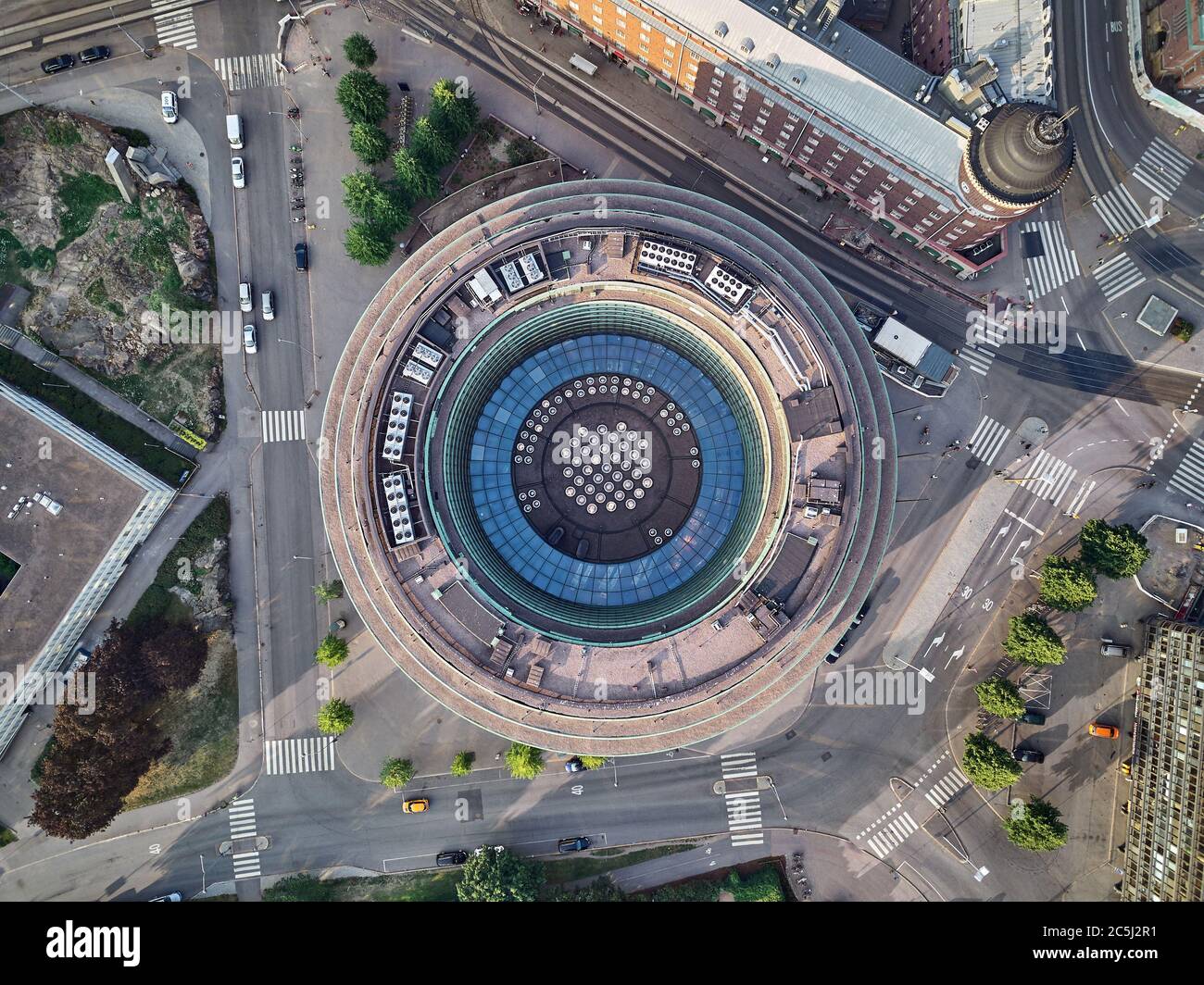 Helsinki / Finland - July 30, 2018: Aerial view of Circle house - Ympyrätalo, is a circle-shaped office building located in the Hakaniemi district. Th Stock Photo
