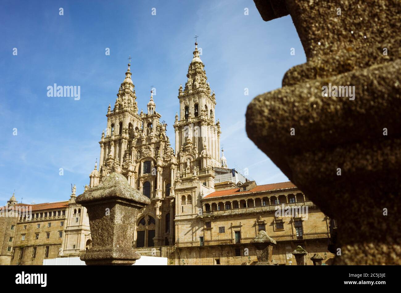 Santiago de Compostela, A Coruña province, Galicia, Spain - February 12th, 2020 : Baroque Obradoiro facade of the compostela Cathedral, the reputed bu Stock Photo