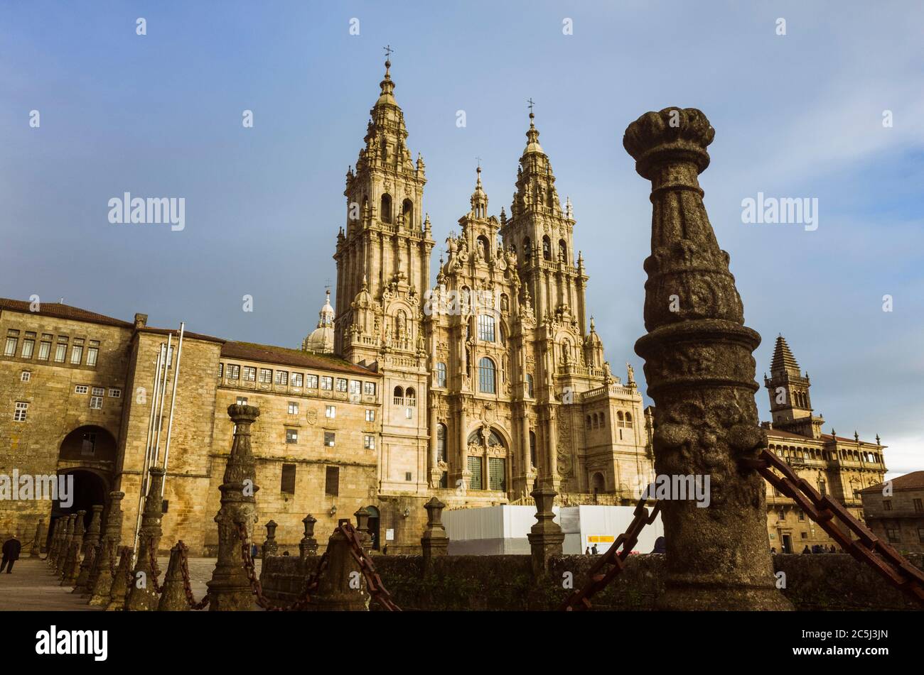 Santiago de Compostela, A Coruña province, Galicia, Spain - February 12th, 2020 : Baroque facade of the cathedral in the Obradoiro square. The Cathedr Stock Photo