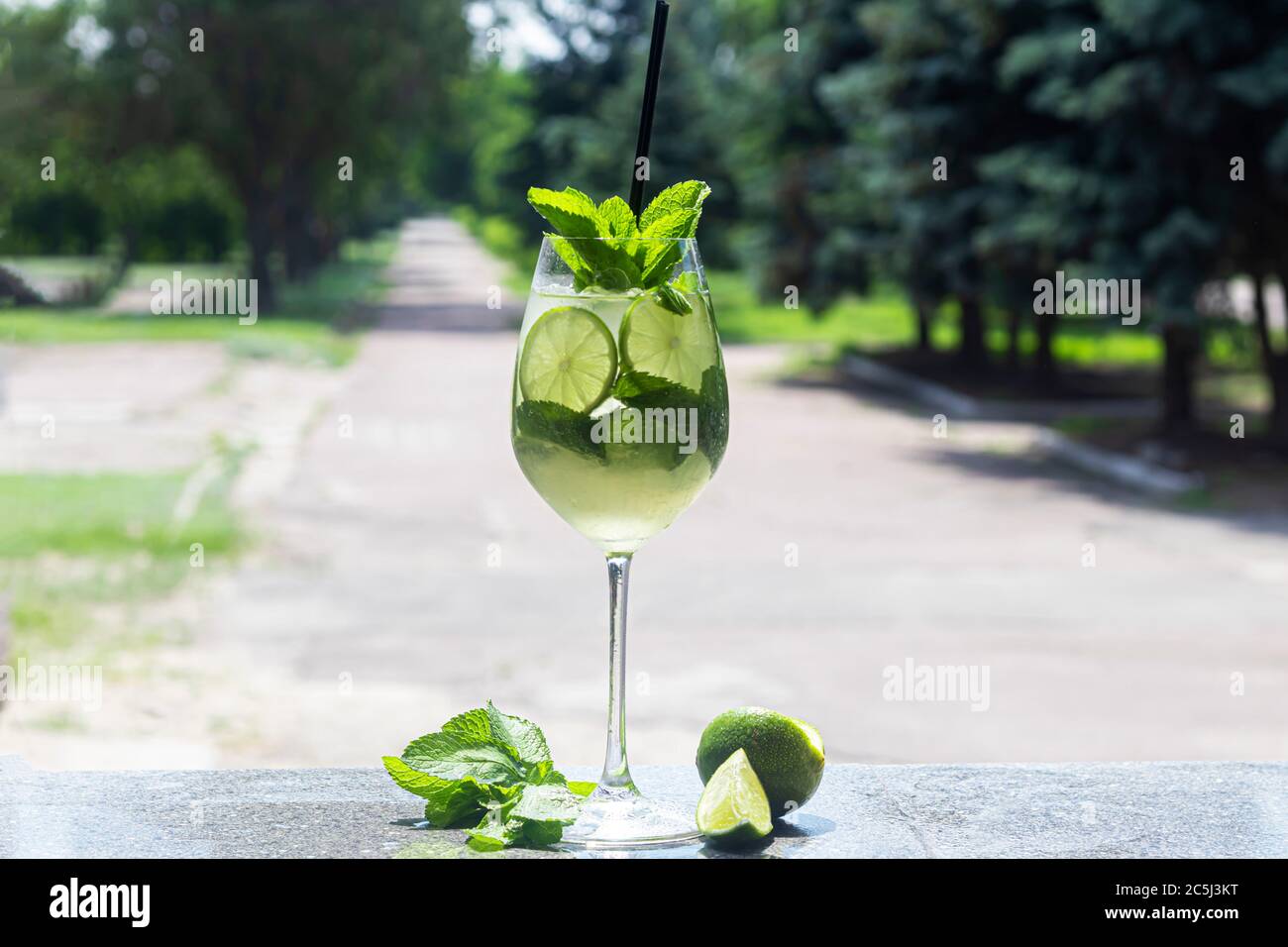 A refreshing summer cocktail with a slice of lime. Alcoholic drink. Garnished with a sprig of mint and ice cubes. In the bar. Foreground. Stock Photo