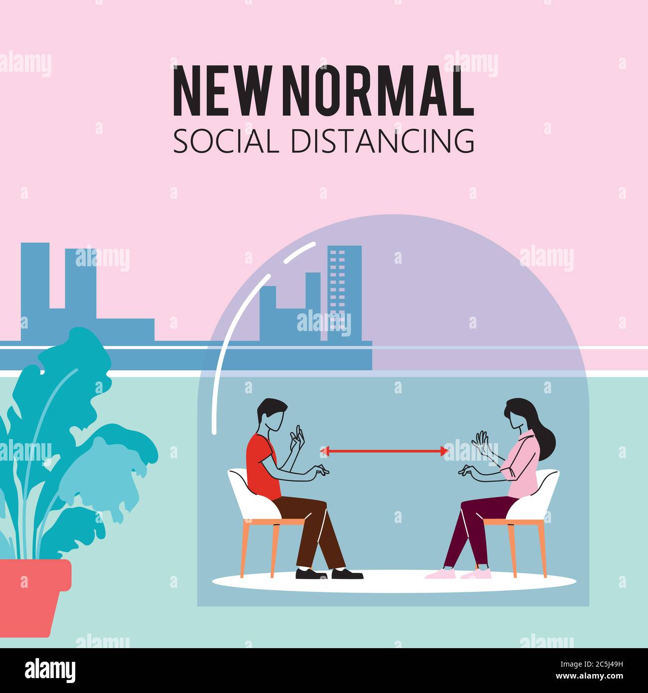 Social distancing between woman and man on chairs design of New normal ...