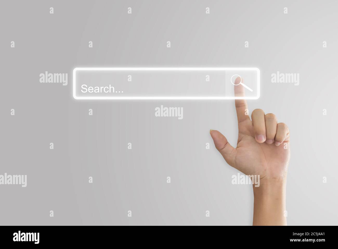 Hand click search button page on virtual screen. Idea for searching browse data information networking. Copy space for text. Stock Photo