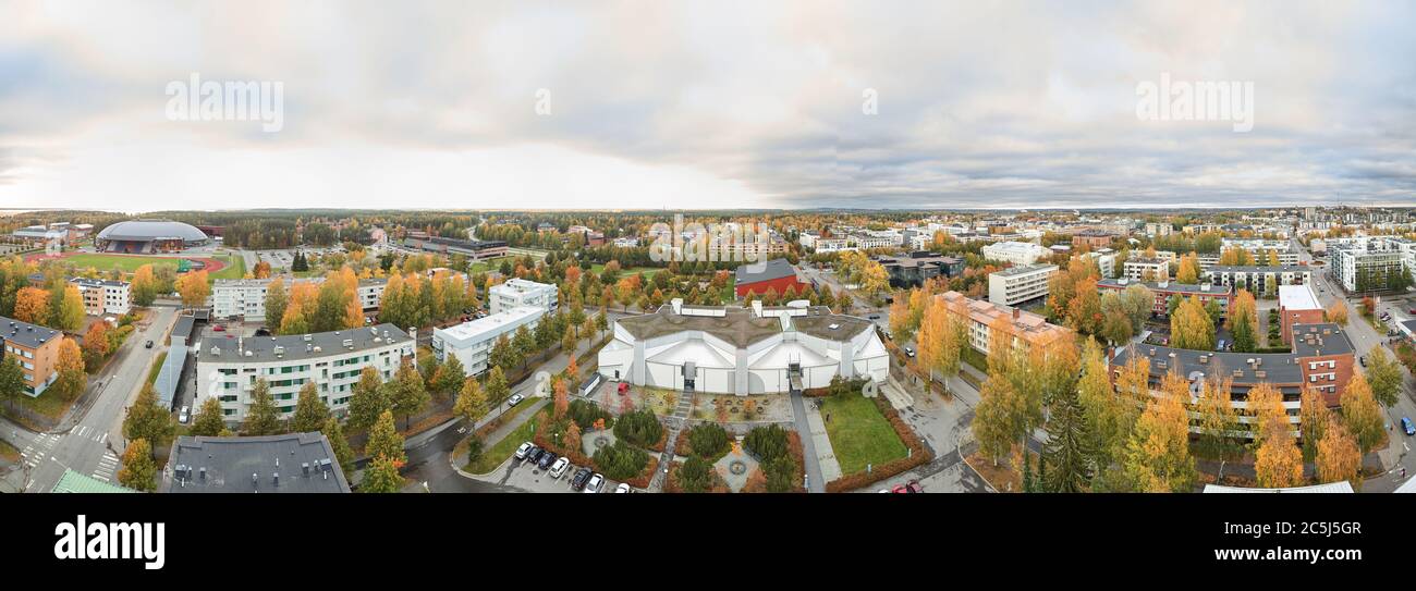 Panoramic aerial view of Joensuu, city library, stadium, school and more. Finland Stock Photo