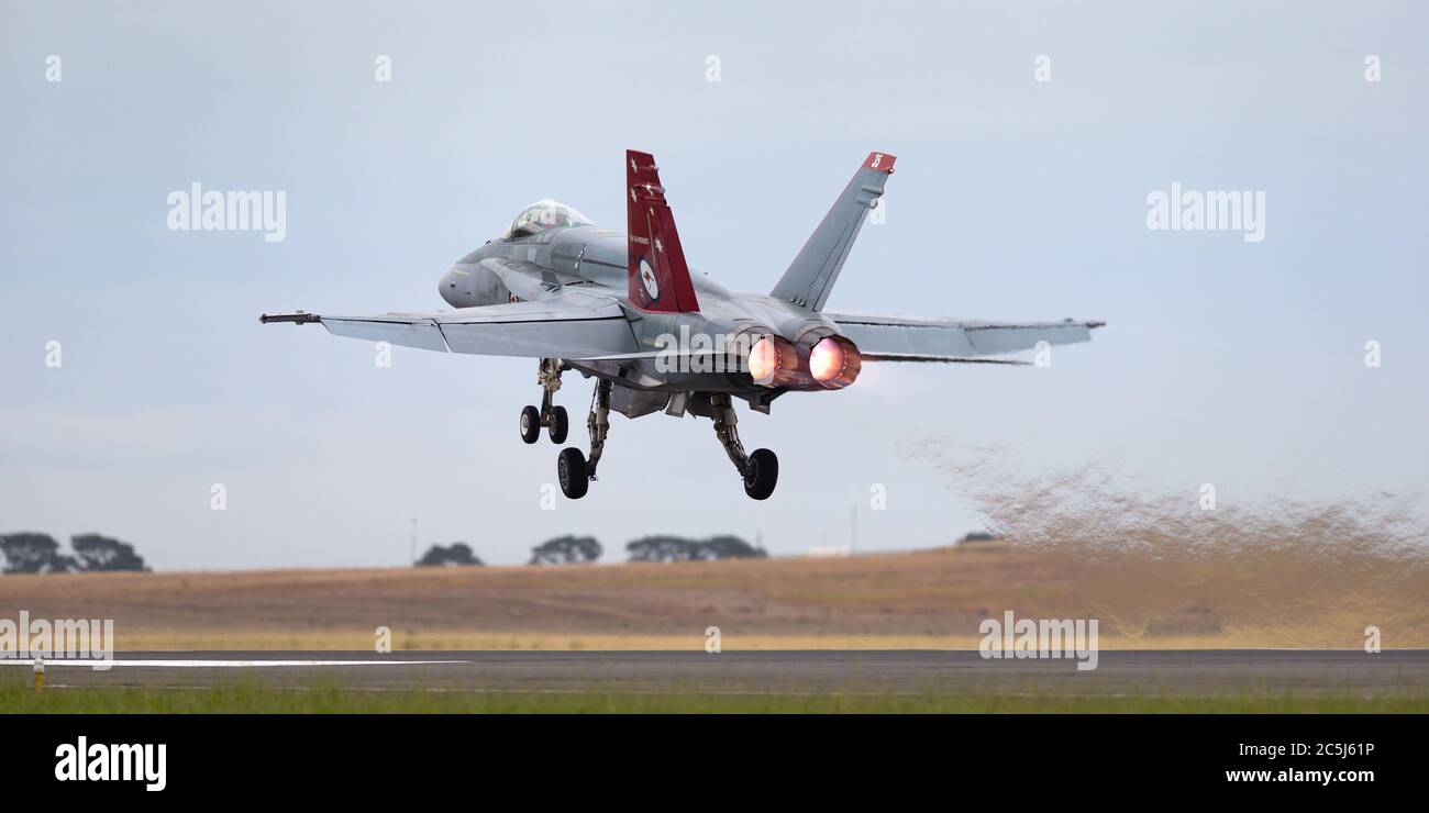 Royal Australian Air Force (RAAF) McDonnell Douglas F/A-18A Hornet multirole fighter aircraft A21-35 with a specially marked tail to commemorate the 3 Stock Photo