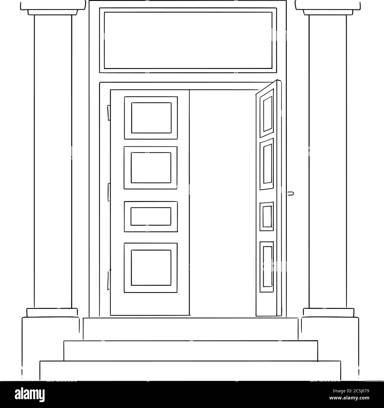 Vector cartoon drawing conceptual illustration of classic entrance or open door of bank building with pillars and stairs. Empty space for text above. Stock Vector