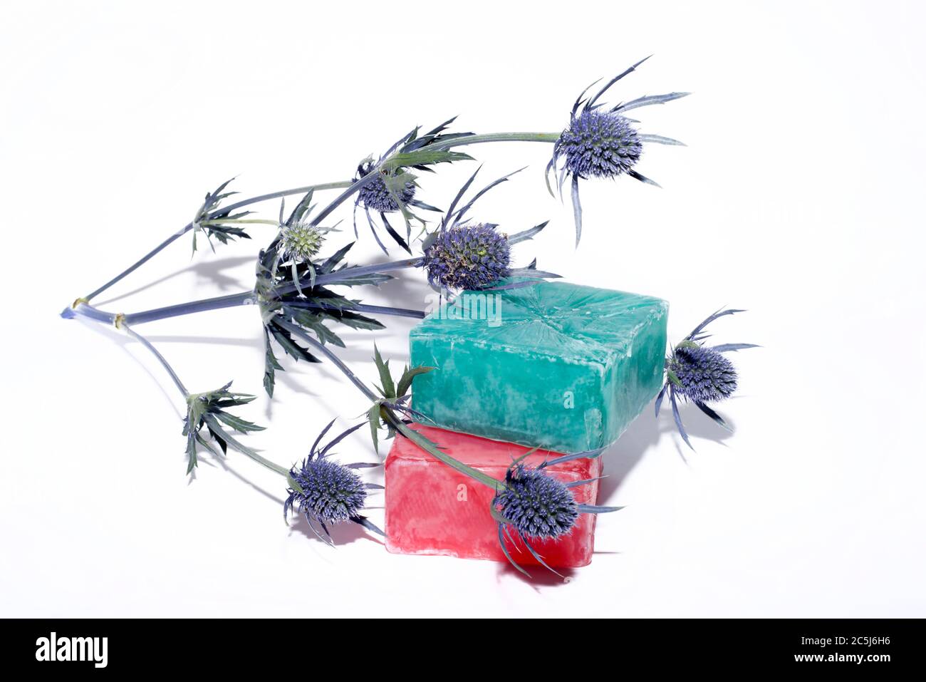 soaps off various shades with a beautiful lavender flower Stock Photo