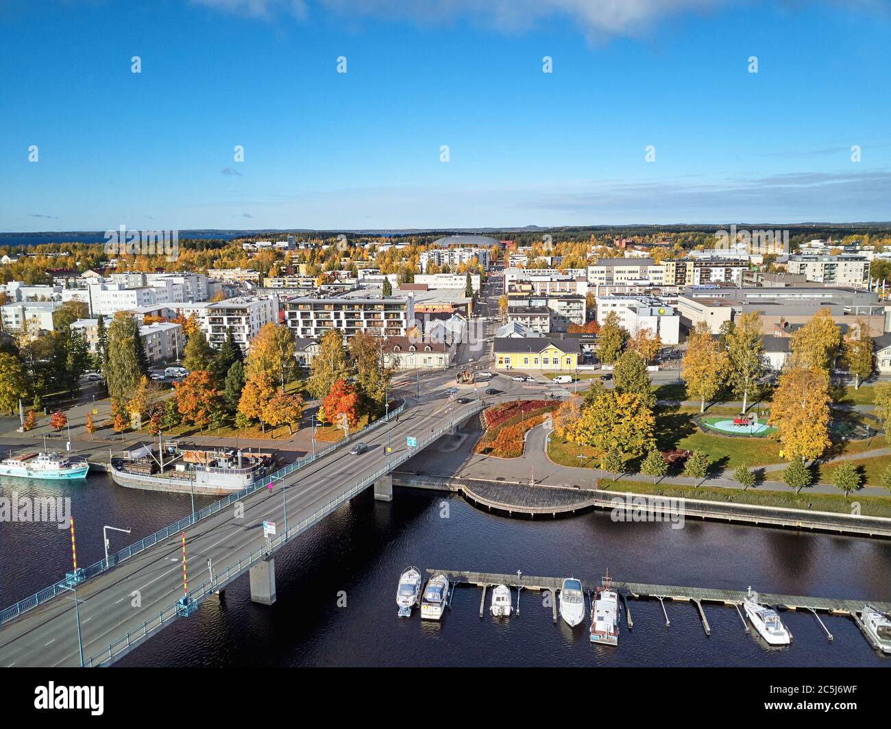 JOENSUU / FINLAND - October 4 2018: Aerial view of center of Joensuu city. Beautiful Autumn City with yellow-orange trees in the Sunny Day. Stock Photo