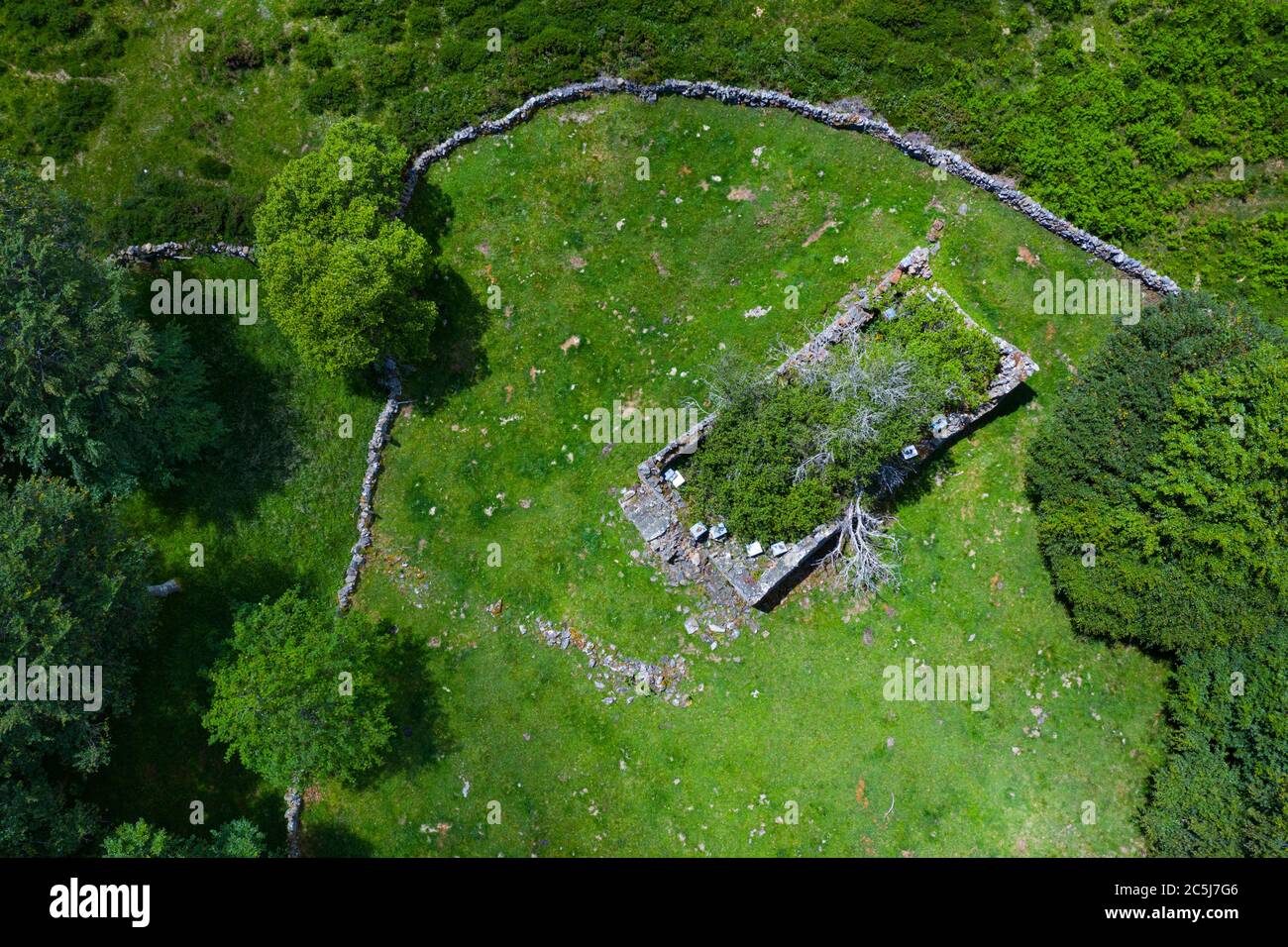 Landscape from a drone in Portillo de la Sia. Meadows, huts and beech forests. The Merindades. Burgos province. Community of Castilla y León. Spain, E Stock Photo