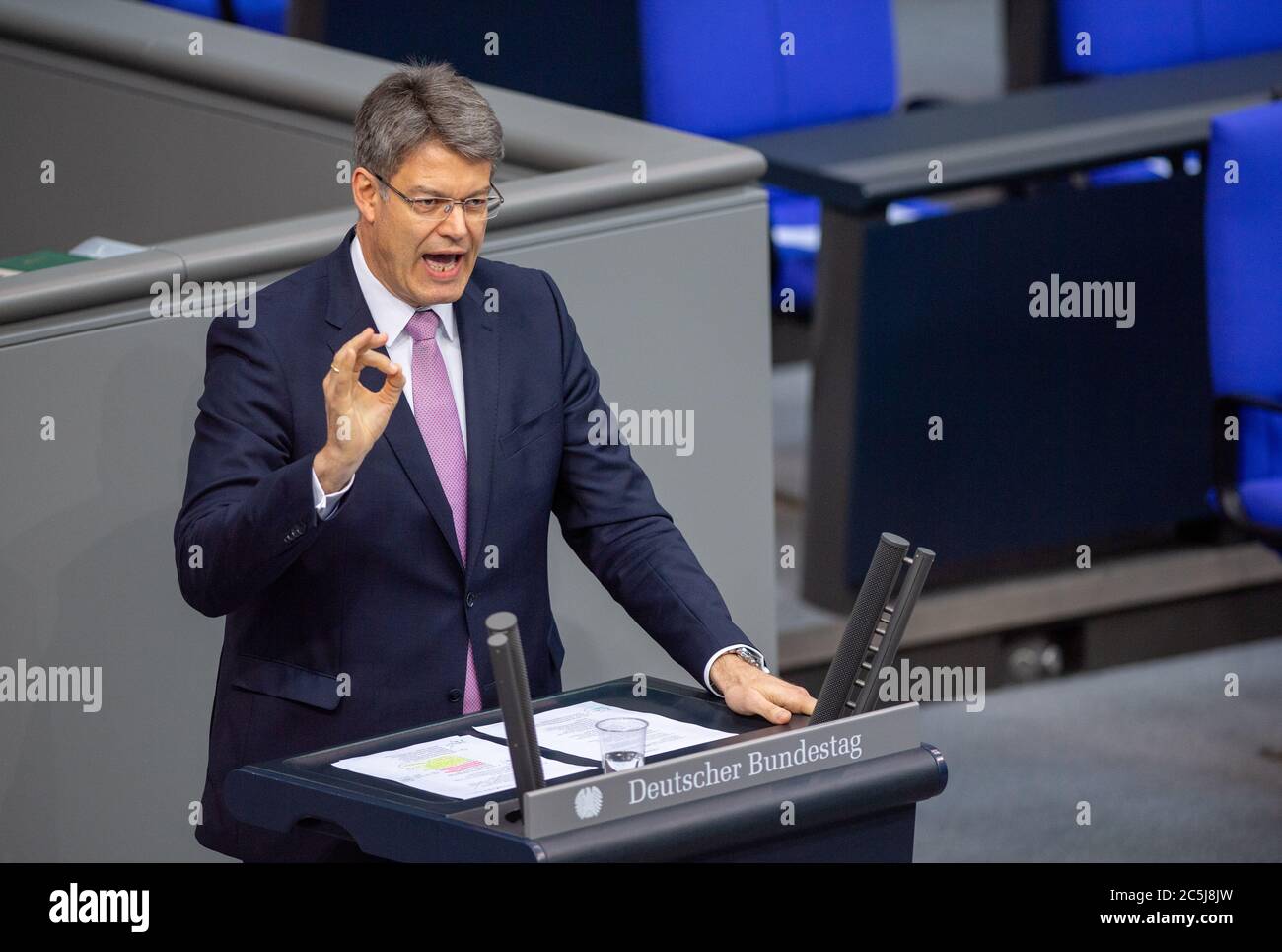 Berlin, Germany. 03rd July, 2020. Patrick Schnieder (CDU) speaks in the plenary session of the German Bundestag. The main topics of the 171st session of the 19th legislative period are the adoption of the Coal Exit Act, a topical hour on the excesses of violence in Stuttgart, as well as debates on electoral law reform, the protection of electronic patient data, the welfare of farm animals and the German chairmanship of the UN Security Council. Credit: Christophe Gateau/dpa/Alamy Live News Stock Photo