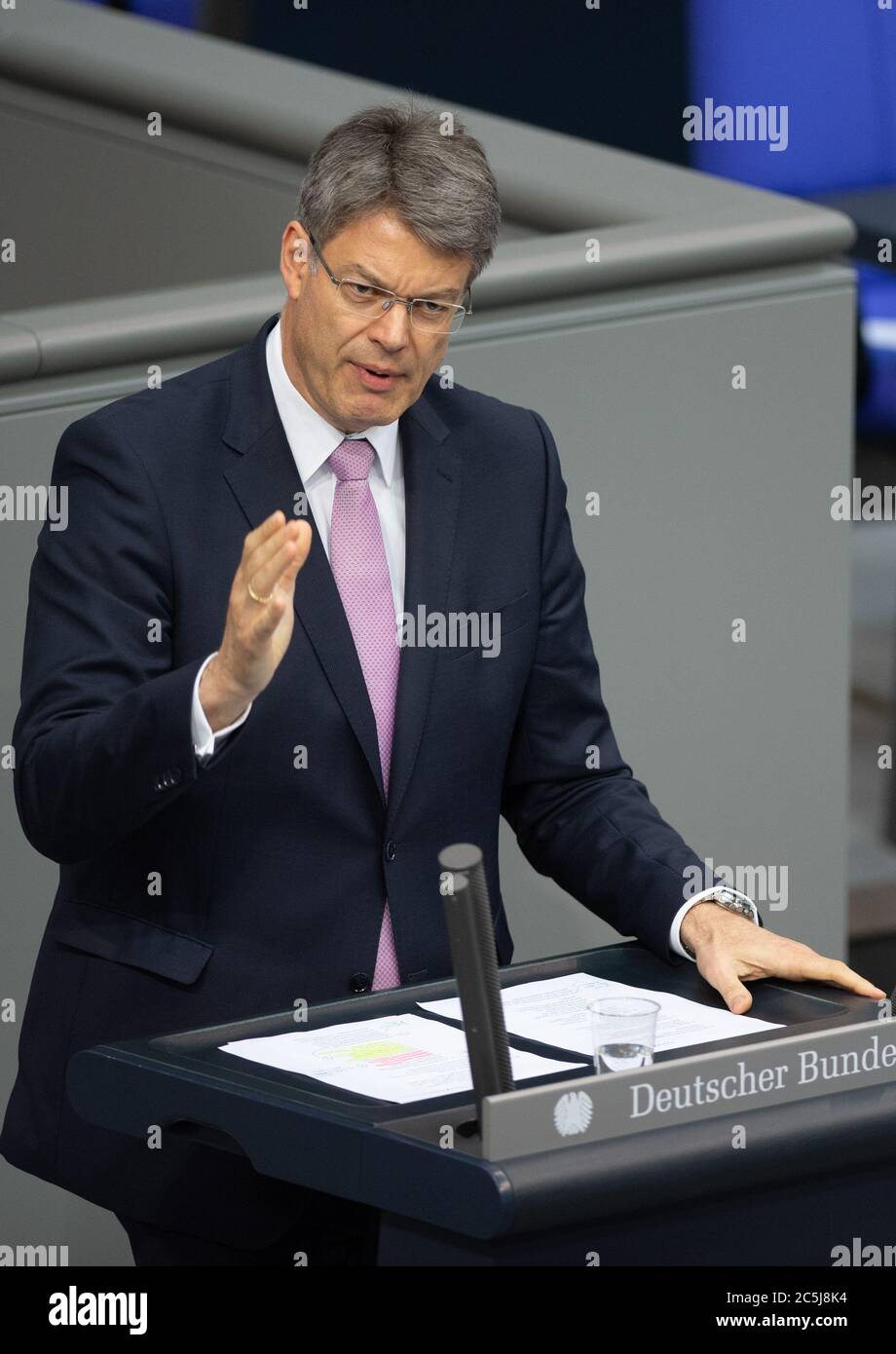 Berlin, Germany. 03rd July, 2020. Patrick Schnieder (CDU) speaks in the plenary session of the German Bundestag. The main topics of the 171st session of the 19th legislative period are the adoption of the Coal Exit Act, a topical hour on the excesses of violence in Stuttgart, as well as debates on electoral law reform, the protection of electronic patient data, the welfare of farm animals and the German chairmanship of the UN Security Council. Credit: Christophe Gateau/dpa/Alamy Live News Stock Photo