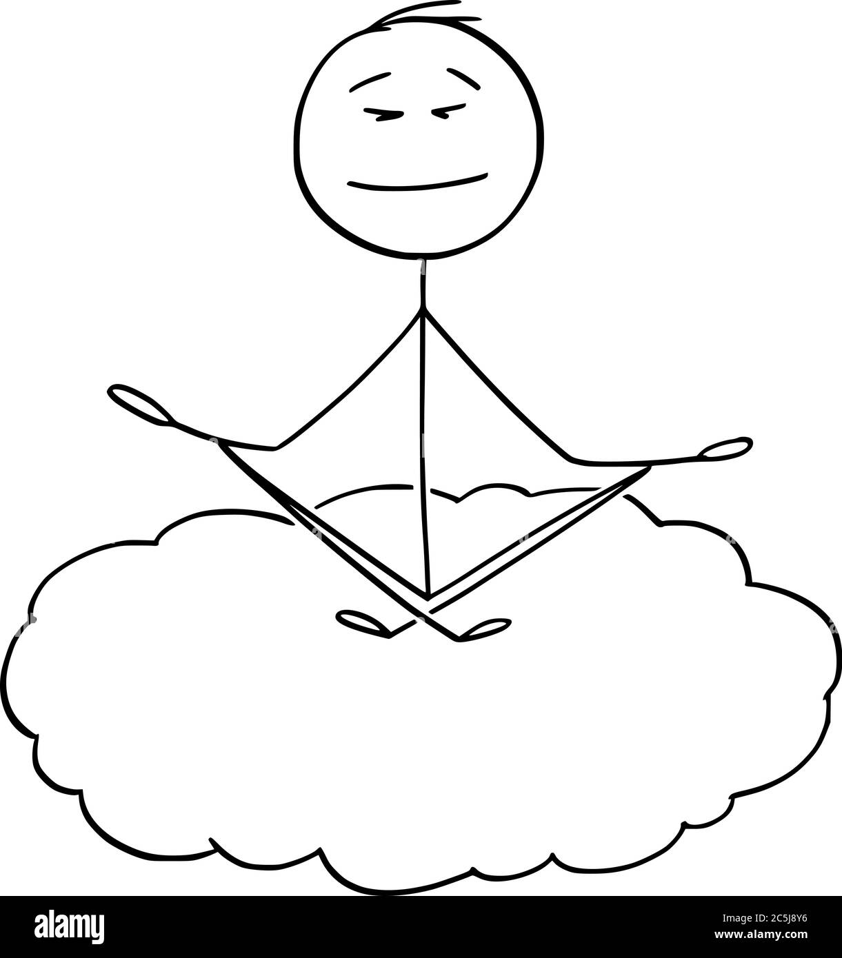 Vector cartoon stick figure drawing conceptual illustration of peaceful man meditating on cloud in heaven. Relaxation and lifestyle concept. Stock Vector