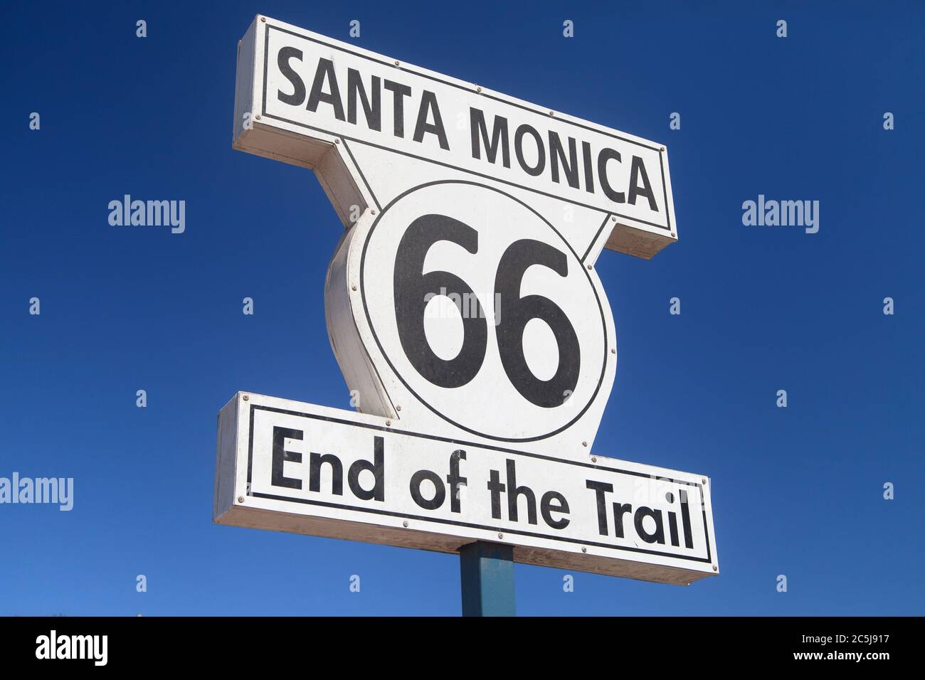 Route 66 End of Trail Sign in Santa Monica, Los Angeles, United States. Stock Photo