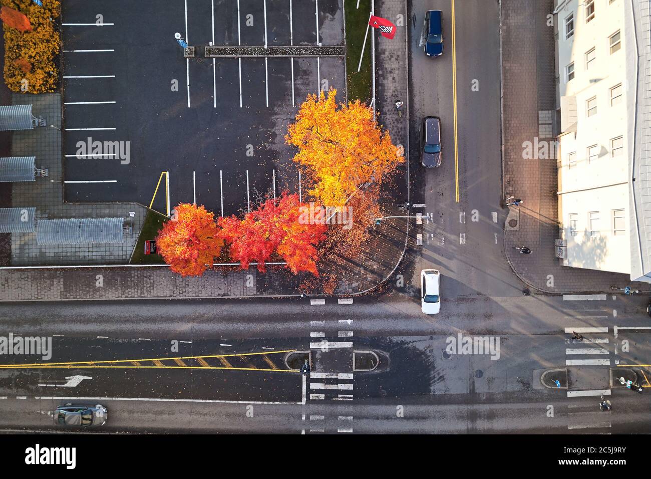 Aerial view of crossroads in autumn, yellow and red trees on the crossroad Stock Photo