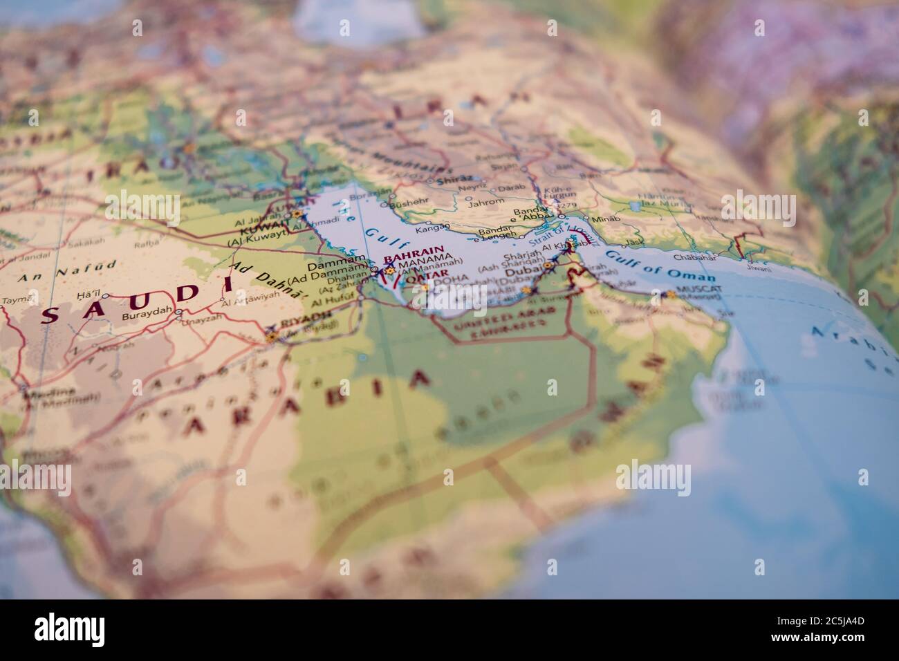 Shallow focus showing the Straight of Hormuz sensitive waterway located in the Persian gulf. Stock Photo