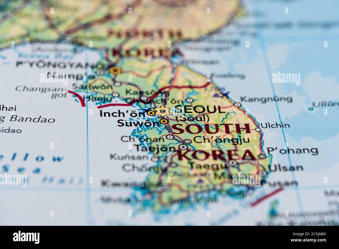 Shallow focus of a general map showing Seoul, the capital of South Korea. The Korean peninsula can be seen with some surrounding Korean regions. Stock Photo