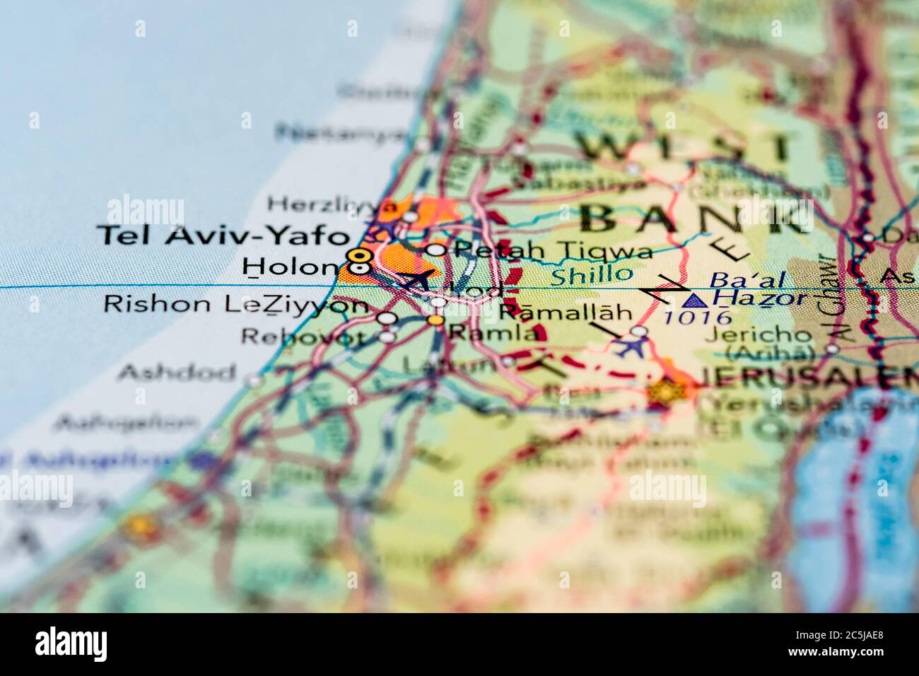 Map of Tel Aviv, the capital of Israel. Showing the shallow focus of the  immediate are and other countries in the area of this paper map Stock Photo  - Alamy