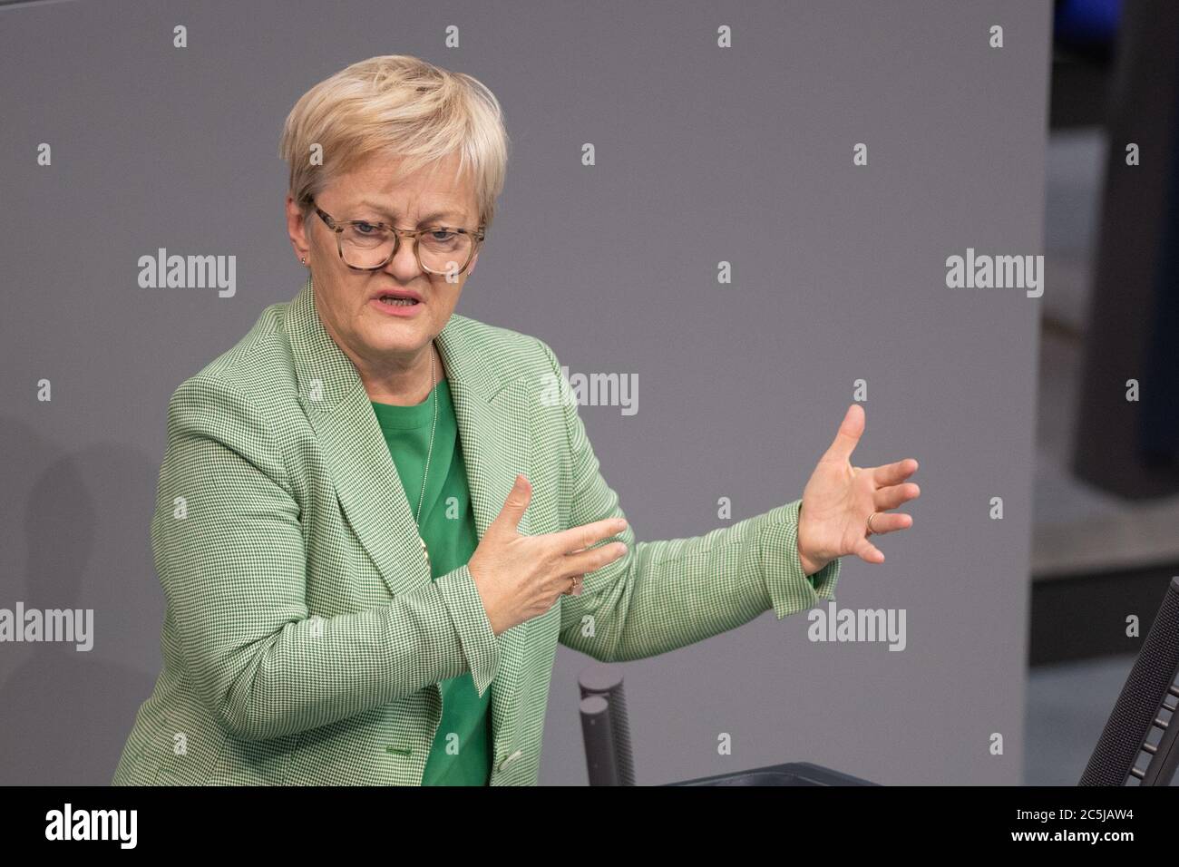 Berlin, Germany. 03rd July, 2020. Renate Künast (Bündnis90/Die Grünen) speaks in the plenary session of the German Bundestag. The main topics of the 171st session of the 19th legislative period are the adoption of the Coal Exit Act, a topical hour on the excesses of violence in Stuttgart, as well as debates on electoral law reform, the protection of electronic patient data, the welfare of farm animals and the German chairmanship of the UN Security Council. Credit: Christophe Gateau/dpa/Alamy Live News Stock Photo