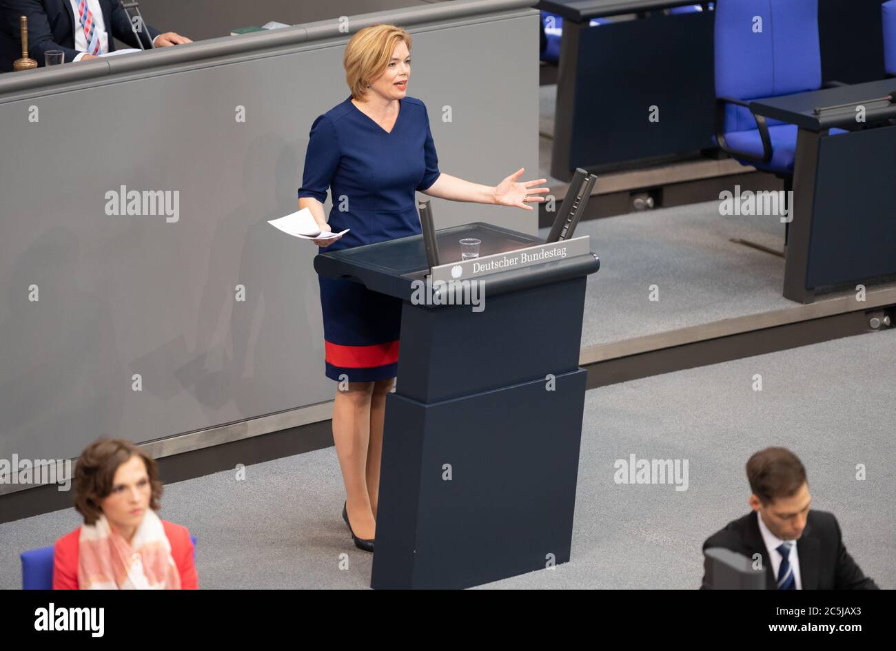 Berlin, Germany. 03rd July, 2020. Julia Klöckner (CDU) Federal Minister of Food and Agriculture, speaks in the plenary session of the German Bundestag. The main topics of the 171st session of the 19th legislative period will be the adoption of the Coal Exit Act, a topical hour on the excesses of violence in Stuttgart, as well as debates on electoral law reform, the protection of electronic patient data, the welfare of farm animals and the German chairmanship of the UN Security Council. Credit: Christophe Gateau/dpa/Alamy Live News Stock Photo