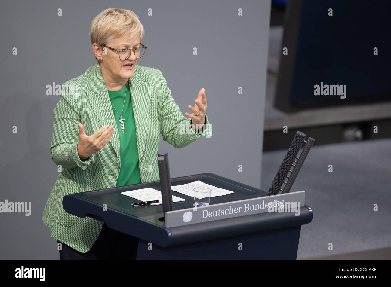 Berlin, Germany. 03rd July, 2020. Renate Künast (Bündnis90/Die Grünen) speaks in the plenary session of the German Bundestag. The main topics of the 171st session of the 19th legislative period are the adoption of the Coal Exit Act, a topical hour on the excesses of violence in Stuttgart, as well as debates on electoral law reform, the protection of electronic patient data, the welfare of farm animals and the German chairmanship of the UN Security Council. Credit: Christophe Gateau/dpa/Alamy Live News Stock Photo