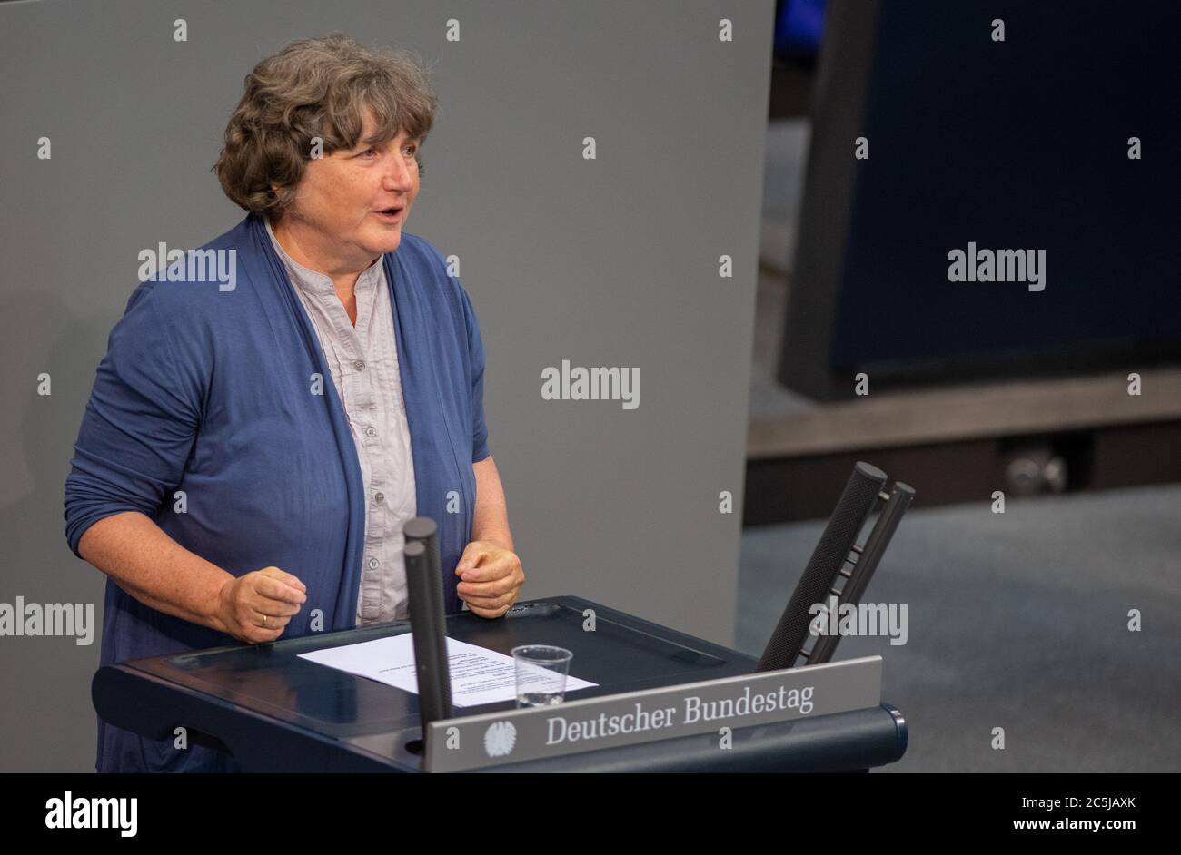 Berlin, Germany. 03rd July, 2020. Kirsten Tackmann (Die Linke) speaks in the plenary session of the German Bundestag. The main topics of the 171st session of the 19th legislative period are the adoption of the Coal Exit Act, a topical hour on the excesses of violence in Stuttgart, as well as debates on electoral law reform, the protection of electronic patient data, the welfare of farm animals and the German chairmanship of the UN Security Council. Credit: Christophe Gateau/dpa/Alamy Live News Stock Photo