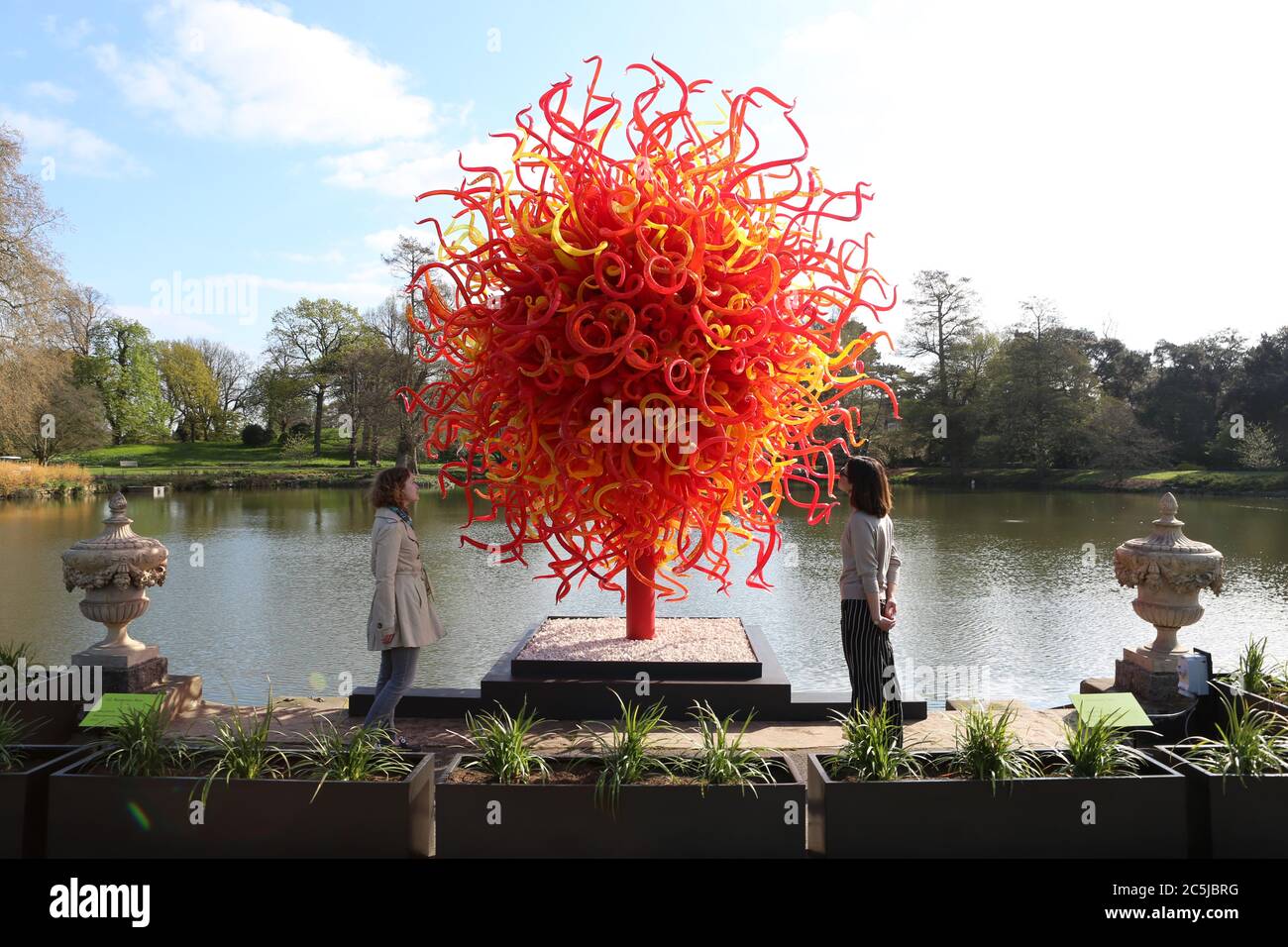 32 art installations were situated across the Gardens in a wide variety of locations. As visitors enter through Victoria Gate, they saw Sapphire Star, the individual blown glass forms of which will radiate outward to create a celestial visual experience. The vibrant blue colour of Sapphire Star is highly concentrated at the centre, where the individual glass elements meet and become increasingly opaque. The artwork’s translucent, achromatic tips reflect light and add to its intense radiance. Chihuly's work has been exhibited in more than 240 museums around the world in his 50 year career . Stock Photo