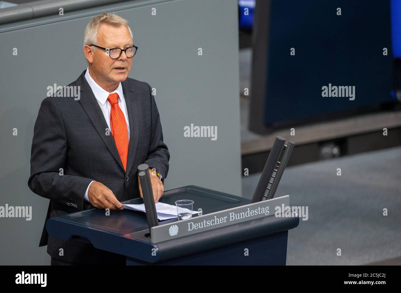 Berlin, Germany. 03rd July, 2020. Karlheinz Busen (FDP) speaks in the plenary session of the German Bundestag. The main topics of the 171st session of the 19th legislative period are the adoption of the Coal Exit Act, a topical hour on the excesses of violence in Stuttgart, as well as debates on electoral law reform, the protection of electronic patient data, the welfare of farm animals and the German chairmanship of the UN Security Council. Credit: Christophe Gateau/dpa/Alamy Live News Stock Photo
