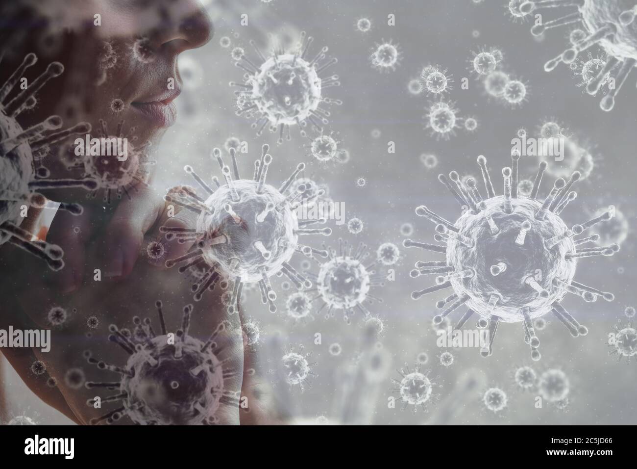 Covid-19 cells against woman praying Stock Photo