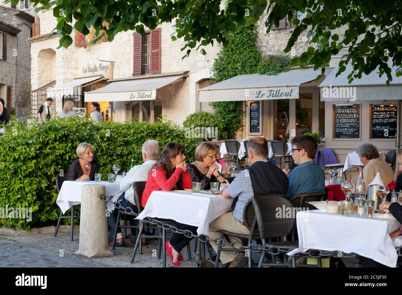 Le Tilleul restaurant, Saint-Paul-de-Vence, Provence-Alpes-Cote d'Azur, France, Europe Stock Photo