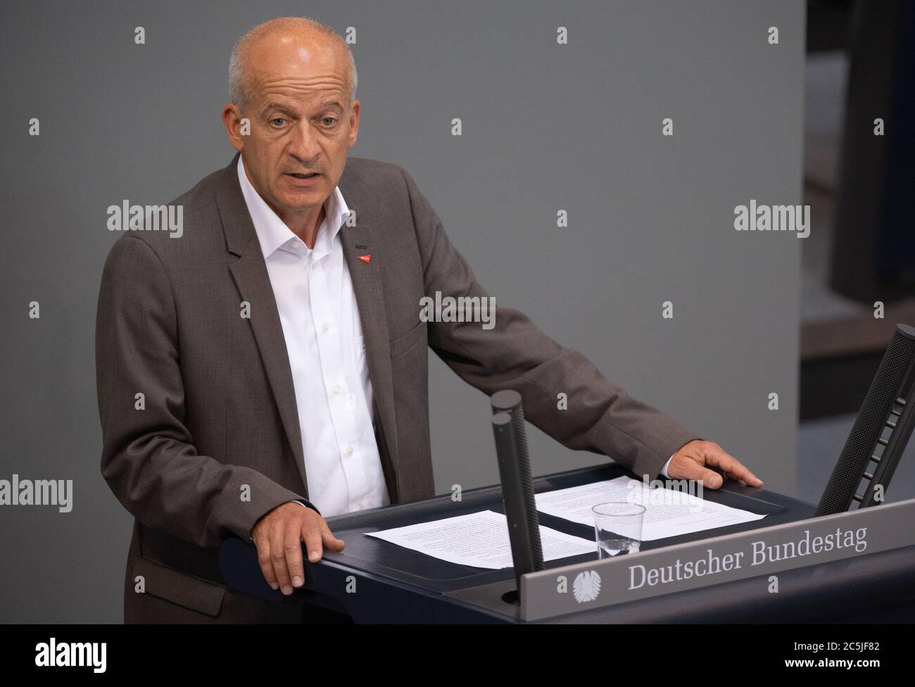 Berlin, Germany. 03rd July, 2020. Friedrich Straetmanns (Die Linke) speaks in the plenary session of the German Bundestag. The main topics of the 171st session of the 19th legislative period are the adoption of the Coal Exit Act, a topical hour on the excesses of violence in Stuttgart, as well as debates on electoral law reform, the protection of electronic patient data, the welfare of farm animals and the German chairmanship of the UN Security Council. Credit: Christophe Gateau/dpa/Alamy Live News Stock Photo