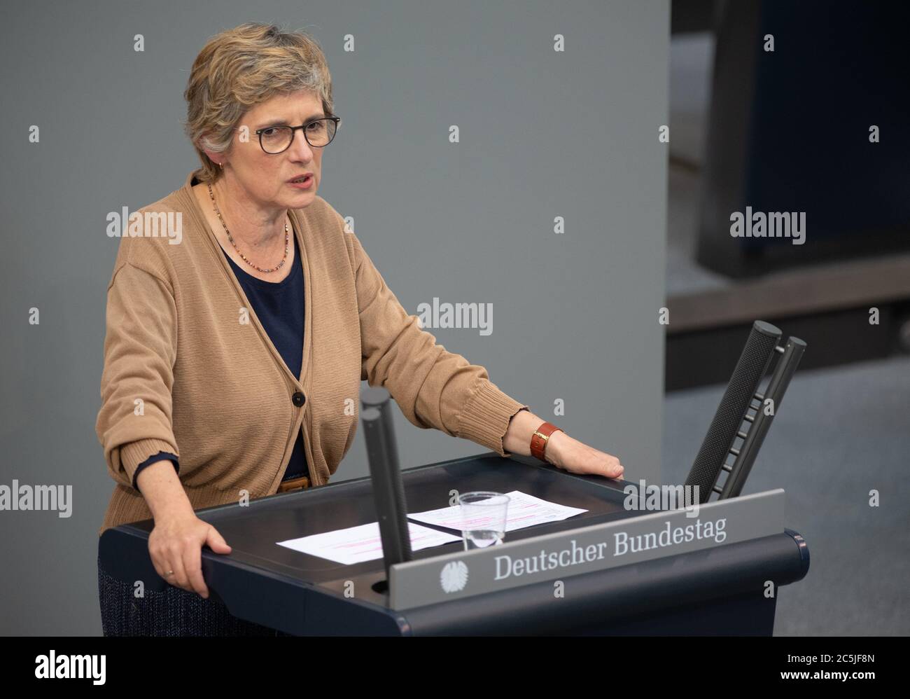 Berlin, Germany. 03rd July, 2020. Britta Haßelmann (Bündnis90/Die Grünen) speaks in the plenary session of the German Bundestag. The main topics of the 171st session of the 19th legislative period are the adoption of the Coal Exit Act, a topical hour on the excesses of violence in Stuttgart, as well as debates on electoral law reform, the protection of electronic patient data, the welfare of farm animals and the German chairmanship of the UN Security Council. Credit: Christophe Gateau/dpa/Alamy Live News Stock Photo