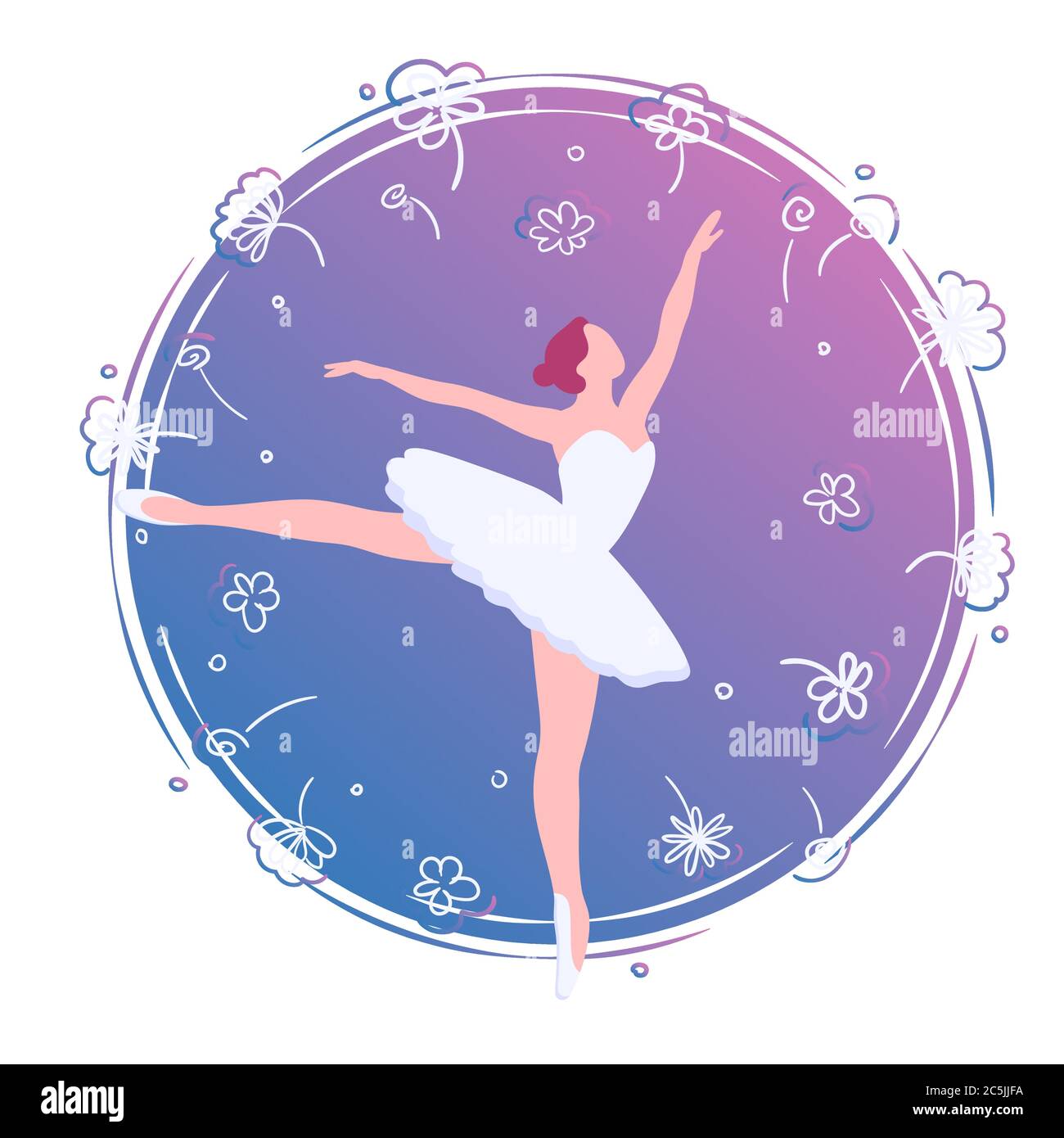 Flat ballerina in flower card illustration. Dance in purple circle clock  template. Ballet art banner, logo, emblem, poster vector isolated on white  background. Cartoon dancer with decoration frame Stock Vector Image &
