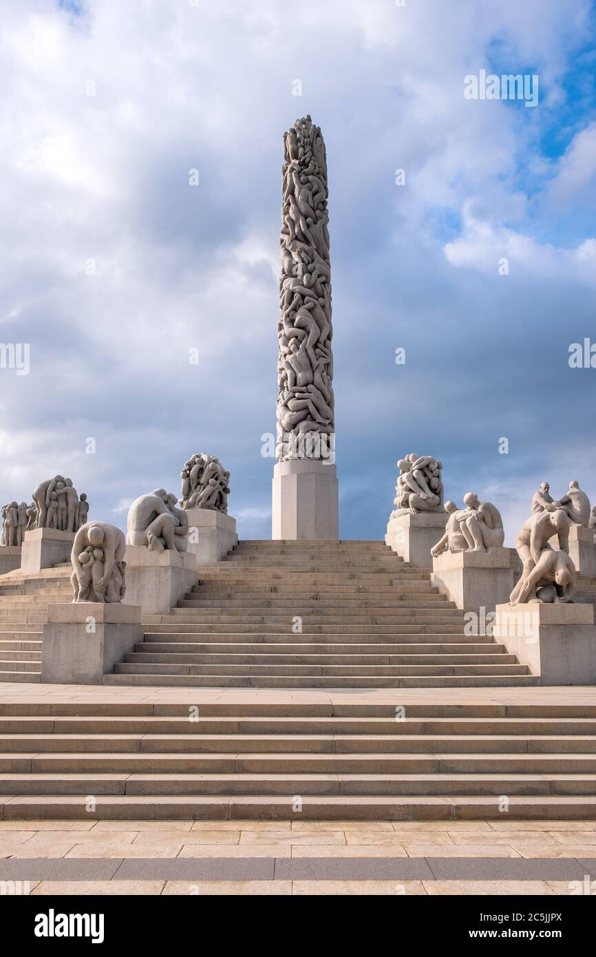 Oslo, Ostlandet / Norway - 2019/08/30: Panoramic view of The Monolith sculpture, Monolitten, in Vigeland Park open air art exhibition - Vigelandsparke Stock Photo