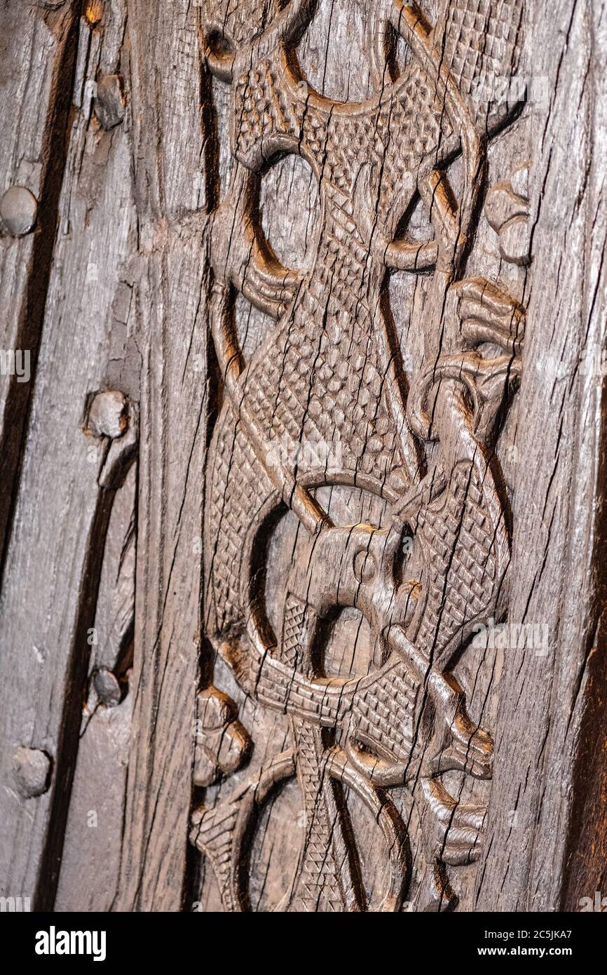 Oslo, Ostlandet / Norway - 2019/08/31: Fine ornament decoration of Oseberg ship excavated from ship burial archeological site, exhibited in Viking Shi Stock Photo