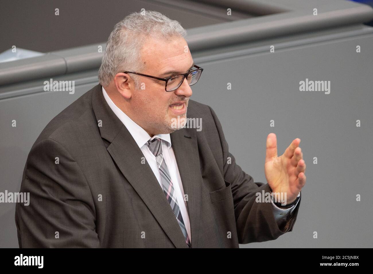 Berlin, Germany. 03rd July, 2020. Erich Irlstorfer (CSU) speaks in the plenary session of the German Bundestag. The main topics of the 171st session of the 19th legislative period are the adoption of the Coal Exit Act, a topical hour on the excesses of violence in Stuttgart, as well as debates on electoral law reform, the protection of electronic patient data, the welfare of farm animals and the German chairmanship of the UN Security Council. Credit: Christophe Gateau/dpa/Alamy Live News Stock Photo