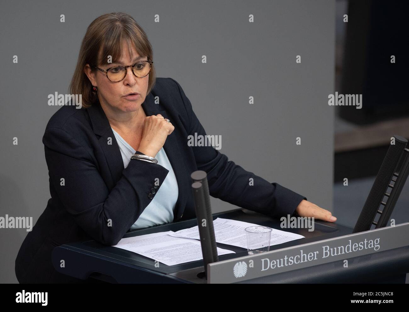 Berlin, Germany. 03rd July, 2020. Heike Hänsel (Die Linke) speaks in the plenary session of the German Bundestag. The main topics of the 171st session of the 19th legislative period are the adoption of the Coal Exit Act, a topical hour on the excesses of violence in Stuttgart, as well as debates on electoral law reform, the protection of electronic patient data, the welfare of farm animals and the German chairmanship of the UN Security Council. Credit: Christophe Gateau/dpa/Alamy Live News Stock Photo